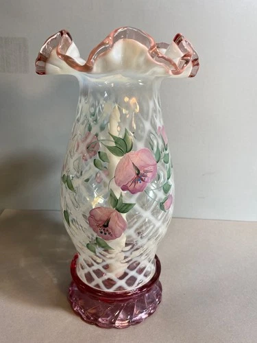 Fenton Glass Pink French Opalescent Trellis Floral Hand Painted Hurricane Lamp