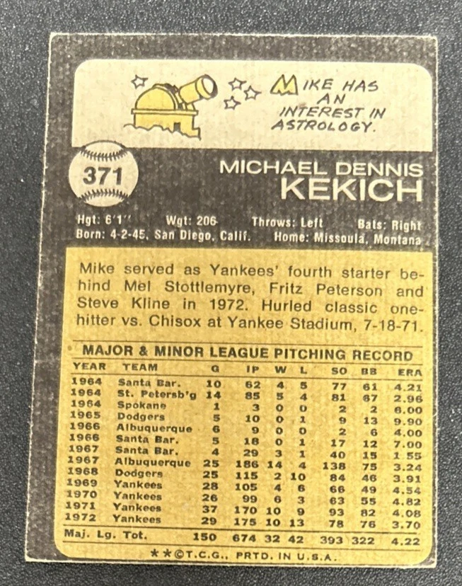 1973 Topps Mike Kekich Baseball Card #371 Yankees Pitcher GD/VG O/C - Image 2 of 2