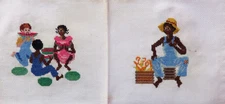 (2) TWO VINTAGE 6" SUARE 1970s FINISHED CROSS STITCH BLACK AMERICAN CHILDREN