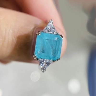 Trendy 925 Sterling Silver Lab Paraiba Tourmaline Emerald  Ring Women Jewelry