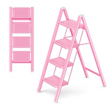 GameGem Pink 4 Step Ladder, Sturdy Foldable Ladder, Integrated 7.9Inch Wide P...