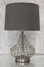 Modern Diamante Silver Metal Cage Table Lamp with Grey Fabric Drum Shade