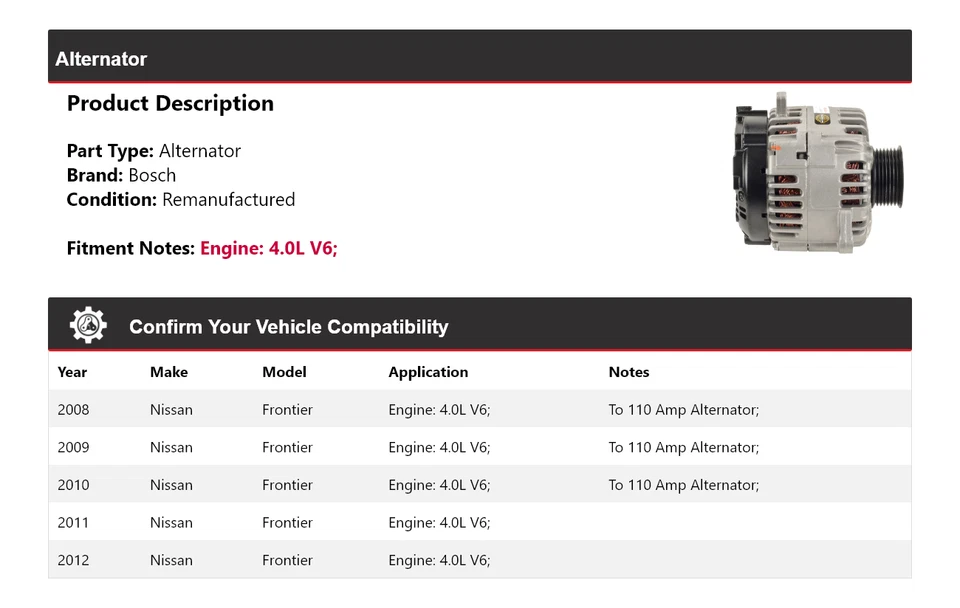 Alternador Bosch (Remanufaturado) 2009 para 2008-2012 Nissan Frontier 4.0L V6 - Imagem 2 de 4