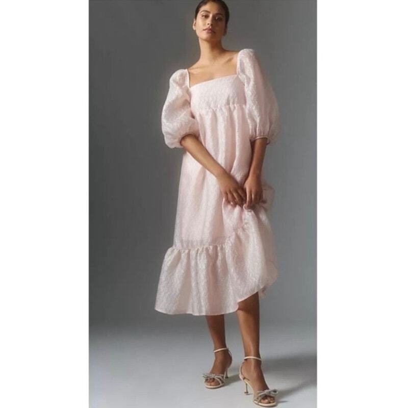 pink dress anthropologie Anthropologie ~ Blush Pink Textured Puff-Sleeve Dress (NWT)