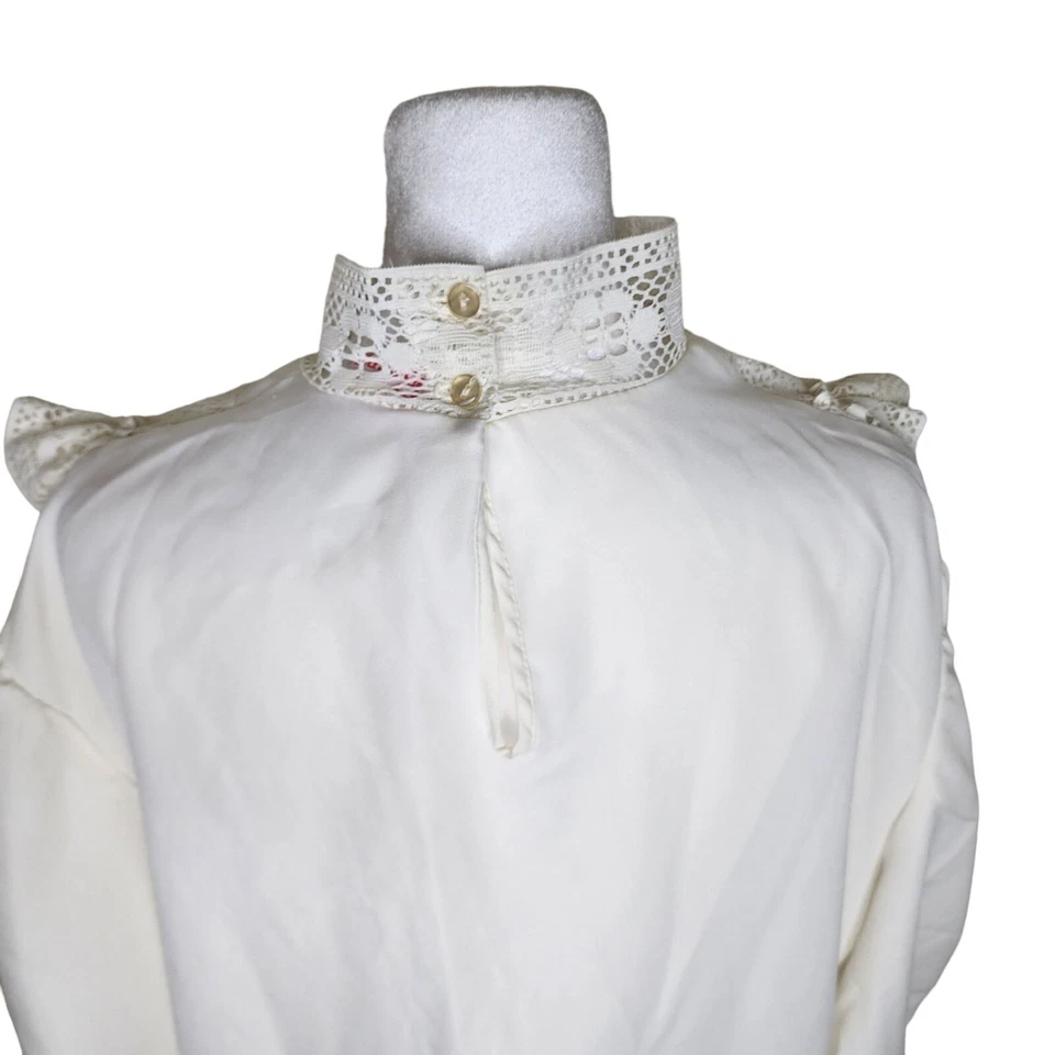 Blusa vintage años 80 cuello alto encaje mujer talla 2XL blanca romántica victoriana Foto 4 de 4