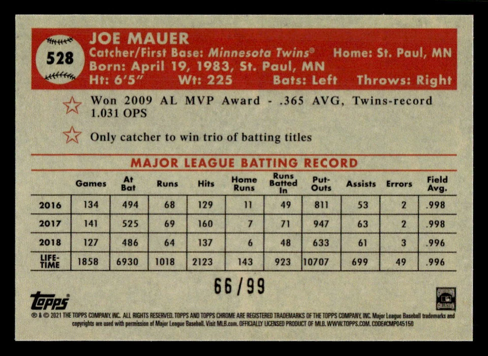 Joe Mauer 2021 Topps Chrome Platinum #528 Green/Yellow 70th Refractor #66/99 - Image 2 of 2