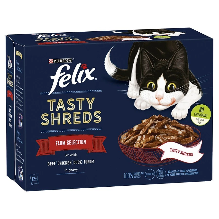 Felix Tasty Shreds Farm Selection in Sauce Nassfutter für Katzen (12er Pack × 80g ) - 4 Packungen