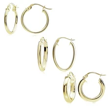 Gold Flash Silver Polished, Square-Tube and Oval Hoop Earrings, Set of 3