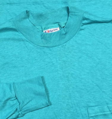 Vtg 90s Hanes Beefy T Shirt M 38-40 Blank Teal Single Stitch Long Sleeve USA
