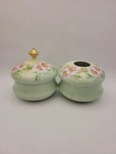 PL Limoges France Floral Hair Receiver And Powder Jar Dresser Set