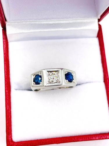 Art Deco Diamond and Sapphire White Gold Three Stone Ring - 第 10/12 張圖片