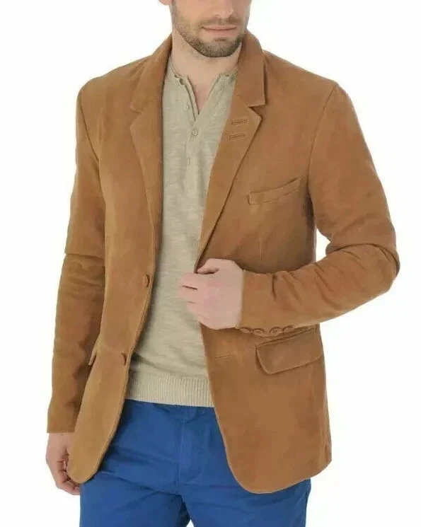 Men’s Tan Suede Leather Blazer 100% Real Lambskin Handmade Two Button Coat