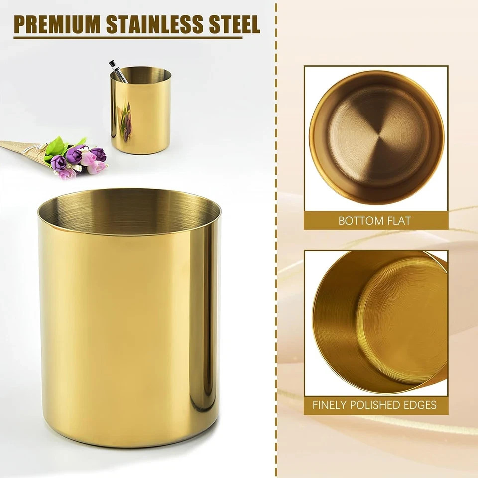 Gold Pen Holder for Desk, 3.9 Inch Stainless Steel Pencil Cup & Makeup Brush Org