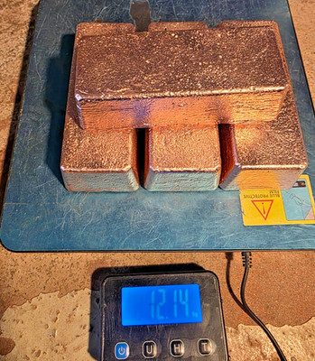 12kg Kupferbarren aus 99,9 Millberry Kupfer handgegossen, 4x3kg, gute Wertanlage