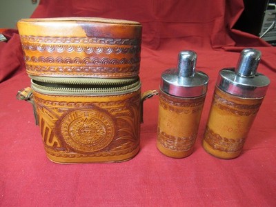 Antique Hand Tooled Leather Case with Whiskey & Cognac Flasks!