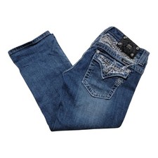Miss Me Capri Jeans Women's 29 Rhinestone Embroidered Flap Pockets Blue Denim
