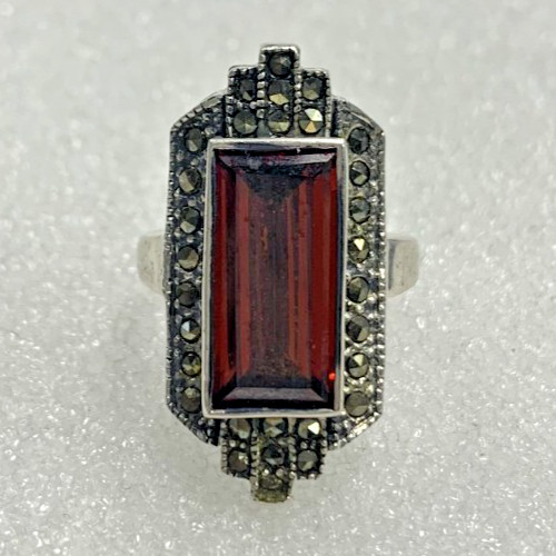 Sterling silver ring w/ rectangular red garnet ge… - image 5