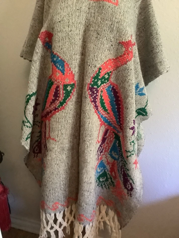 Vintage Handmade Mexican Vibrant Embroidered Cross Stitch Peacock Poncho MEXICO - Image 3 of 4