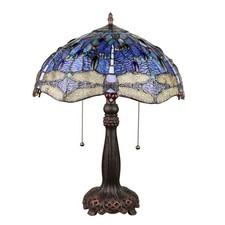 Tiffany Style Stained Glass with Cabochons Dragonfly 2 Bulb Table Lamp 16" Shade