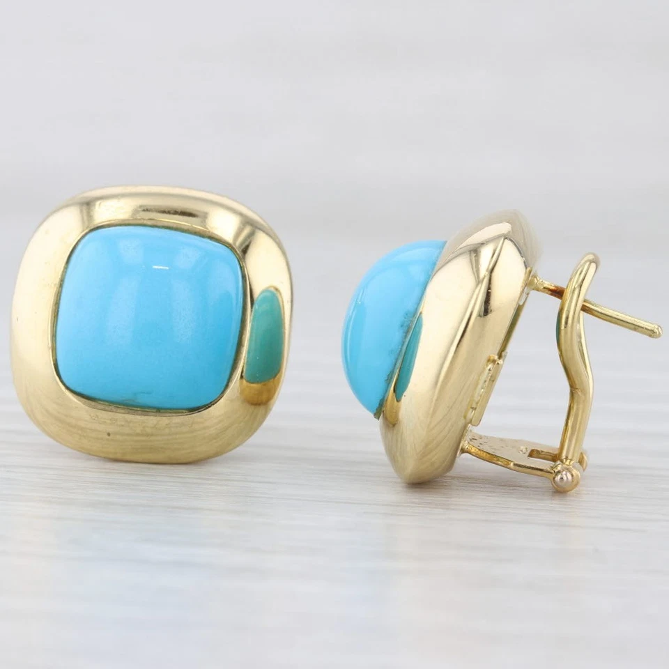 Italian Turquoise Cabochon Earrings 18k Yellow Gold Omega Back Drops - Image 2 of 4