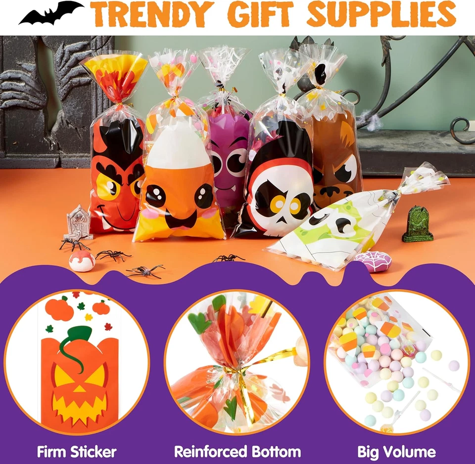 108 Pcs Halloween Cellophane Bags for Sweet Candy Treat, Goodie Gift Bags Bulk w - Image 3 of 4