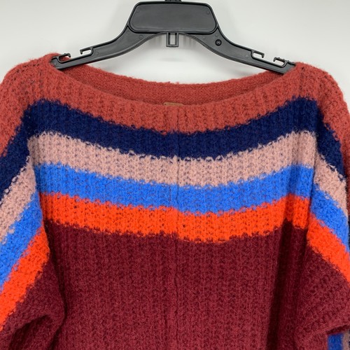 Free People Sweater Womens XS See The Rainbow Stripe Alpaca Burgundy Boatneck - Picture 5 of 13