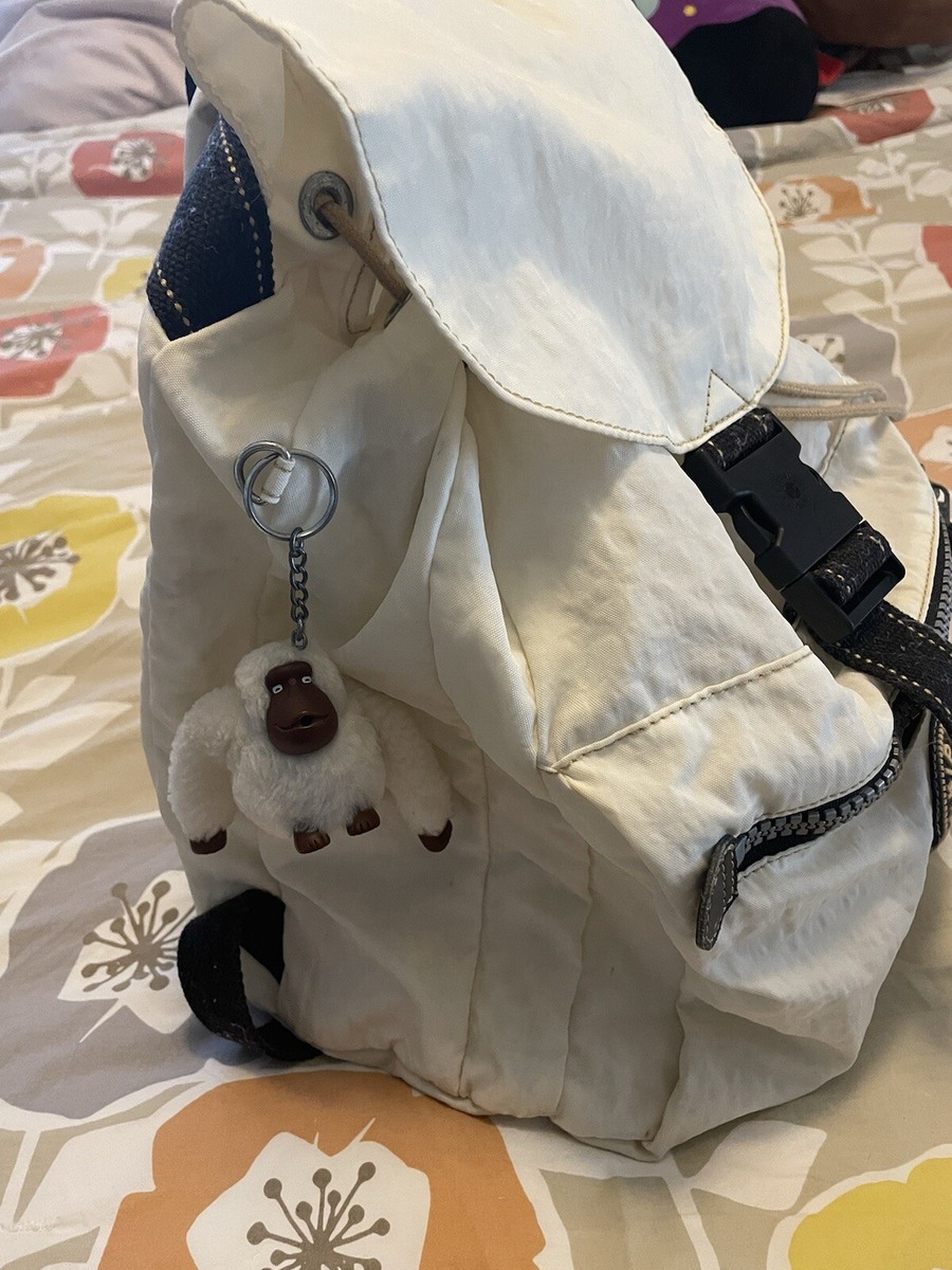 Vintage Kipling Keeper Drawstring Backpack White Nylon Bookbag Pack Bag,  See Pic