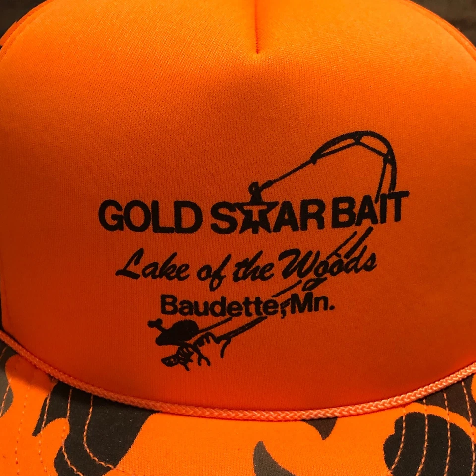 Gorra de camionero vintage Gold Star Bait Snapback para hombre Blaze Camo Baudette MN 90s Foto 2 de 4