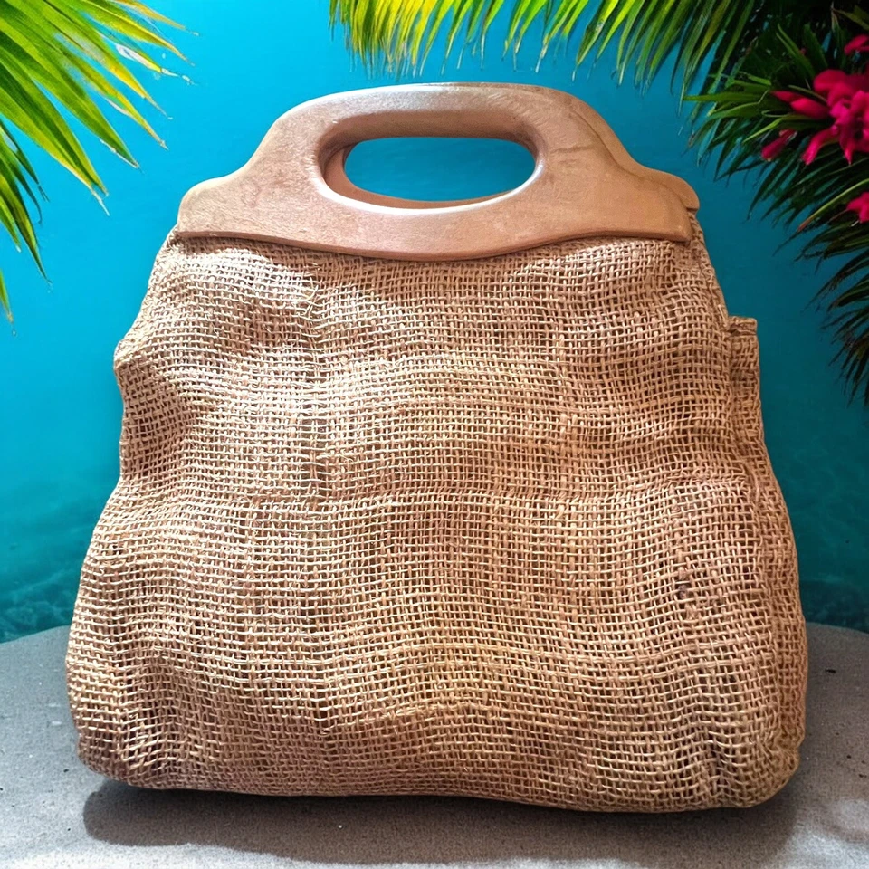 Floral Straw Bag Embroidered Rafia Wooden Handles Philippines Tropical Purse - Image 2 of 4