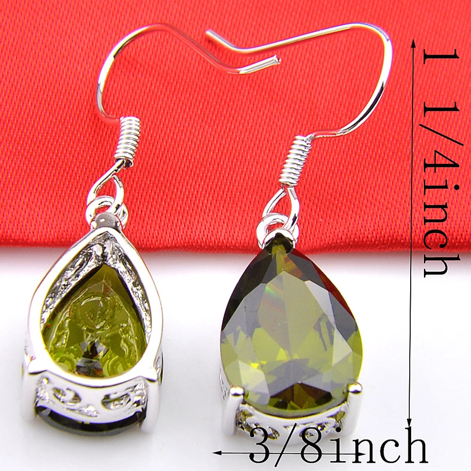 Genuine Olive Peridot Gemstone Silver Drop Hook Earrings For Woman - Image 4 of 4