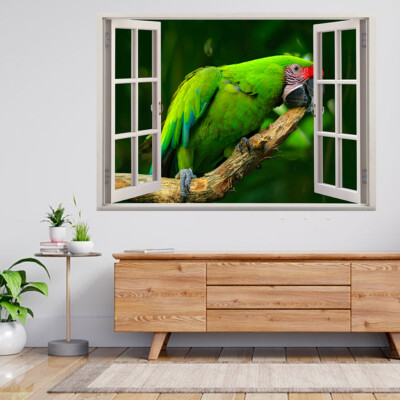 Grüner Papagei Vögel fliegender Ara 3D Fenster Blick Wandaufkleber Poster Aufkleber A716