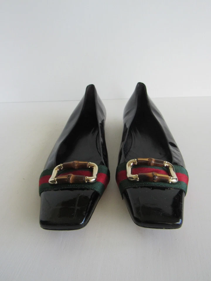 Gucci Vintage Mujer Negro Charol Web Rayas Pisos Talla 9.5 US-40 UE Foto 2 de 4