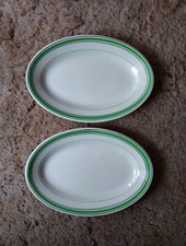 2X Vintage Steelite Oval Plates, Ivory With Green & Black Finishings