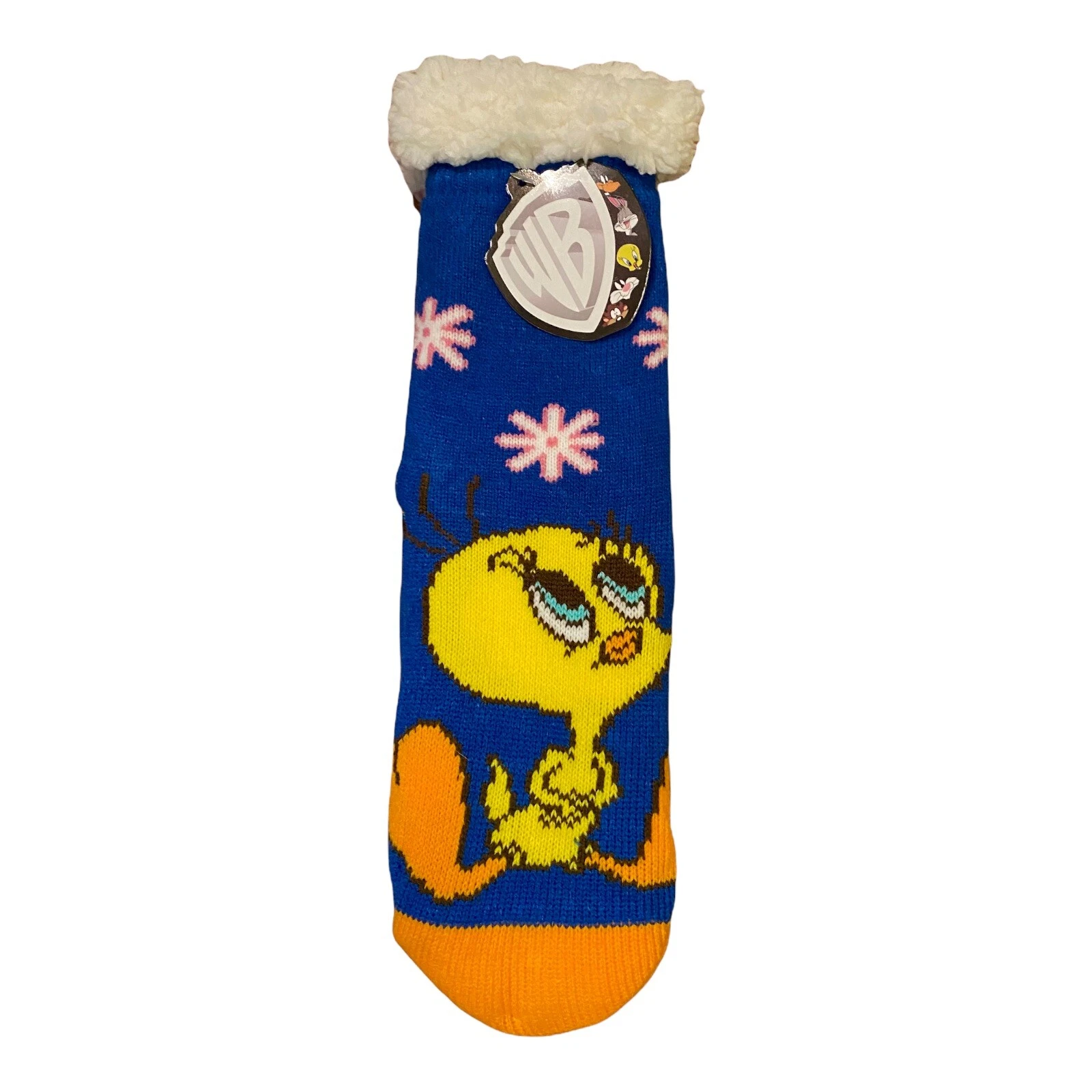 15" Adult Looney Tunes Tweetie Sherpa Lined Blue Slipper Socks Tread Bottom NWT