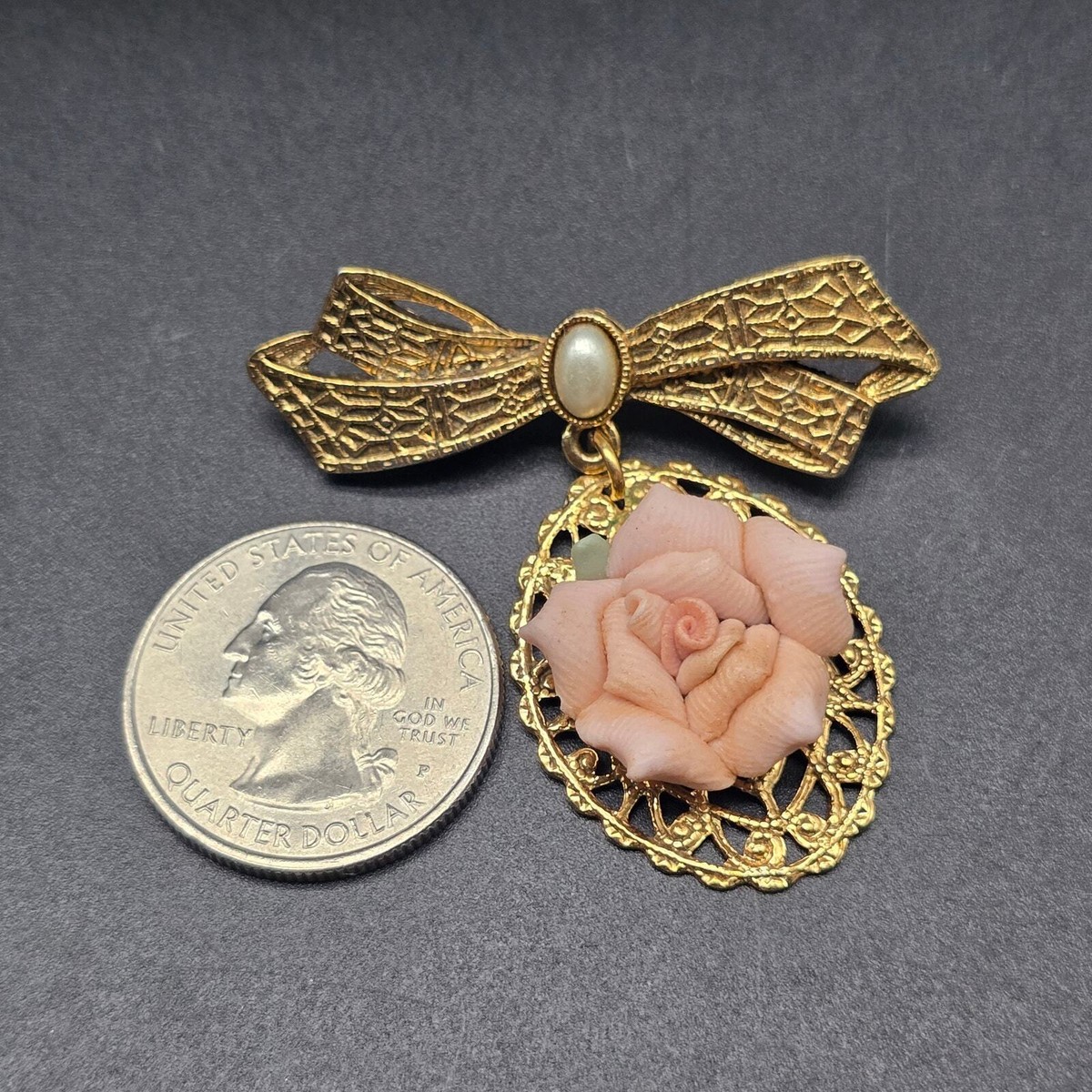 1928 Brand Rose Flower Brooch Gold Tone Bow Faux Pearl Vintage
