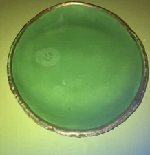 Vintage Handmade Bowl/dish Green Gilded Rim primitive Made in Italy 9.5x8x1.5”