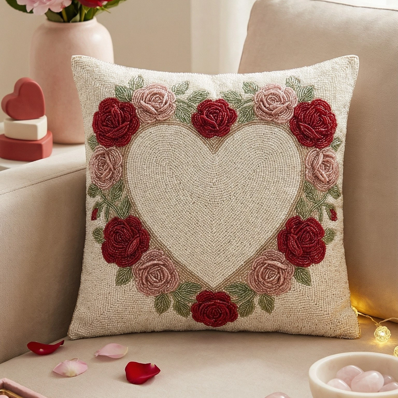 Beaded Heart Rose Throw Pillow Cover, Floral Valentine's Day Decor, 16x16, 18x18
Opens in a new wind