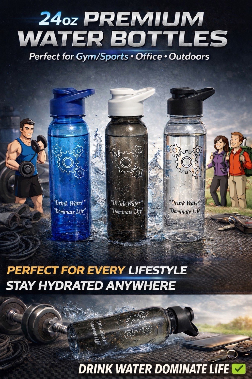24oz Leakproof BPA-Free Ultra Durable Water Bottle Flip Cap Blue/Dark Grey/Clear