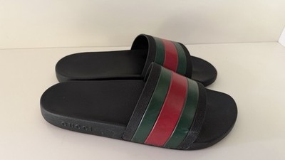 Gucci Men s  Slide Sandals Black with Green/Red Web Stripe, Logo Accent