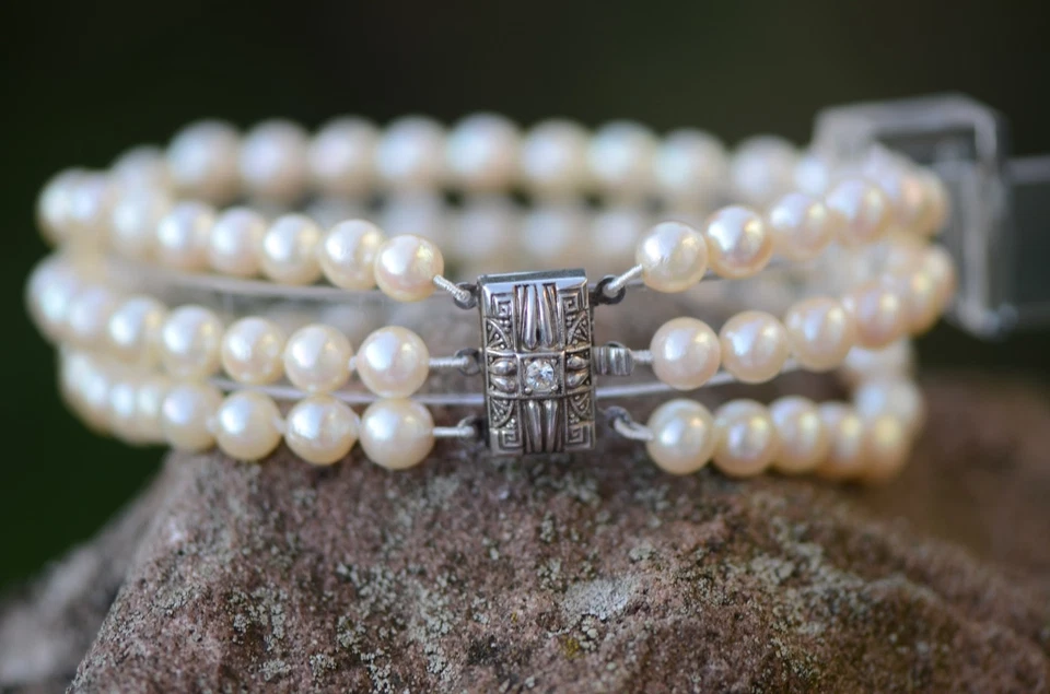 Luxus Silberarmband 835  Handgefertigt Art Deco Akoya Perlen Funkelnde Stein - Bild 2 von 4