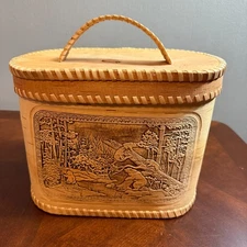 Vintage Birch Bark Box Carved Forest Bear Scene Folk Art Lidded Container