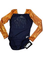 NEW Adult Small GK Leotard Long Sleeve Orange Foil Blue Sequin AS Gymnastics