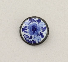 Sterling Silver Blue Ceramic Flower Pin Brooch Holland 1 1/8" inch