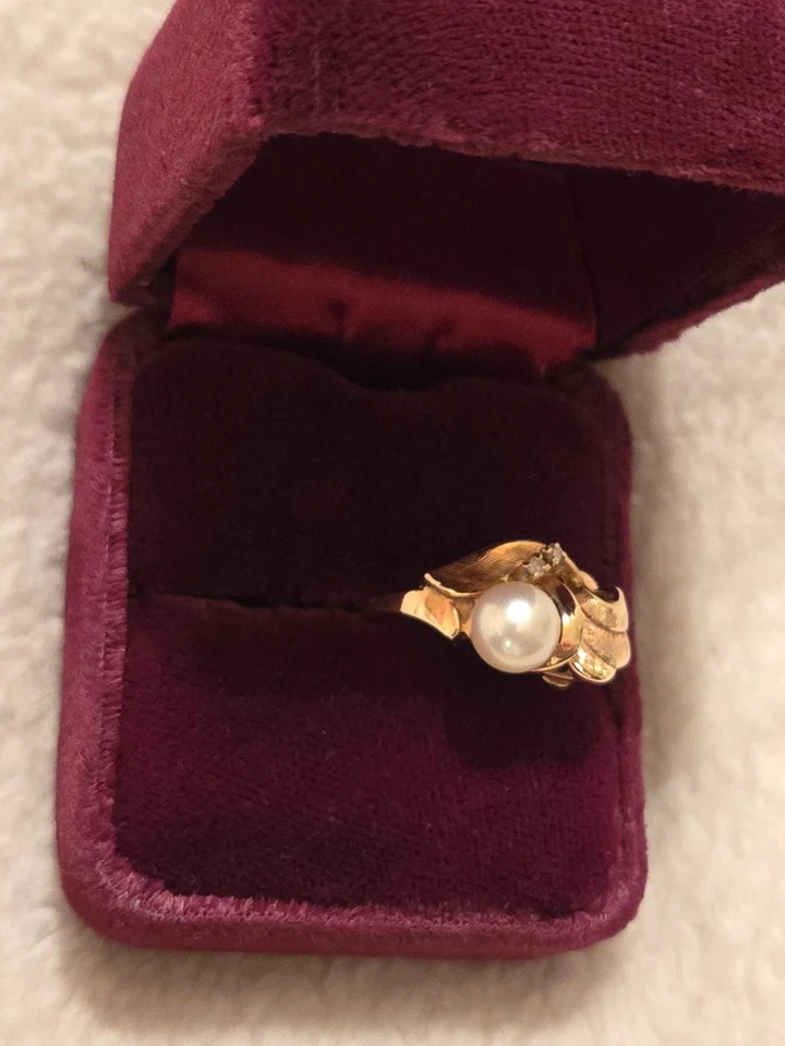 ANILLO DOBLE PERLA Y DIAMANTE ORO AMARILLO 14KT TALLA 7 Foto 2 de 4