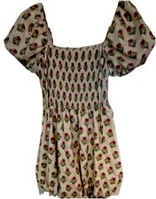 Women  s White Floral Smocked Square Neck Puff Sleeve Fit  Flare Short Dress S