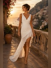 NEW Mac Duggal 49487 Asymmetrical Hem Ruffled V-Neck Chiffon Dress White Size 0