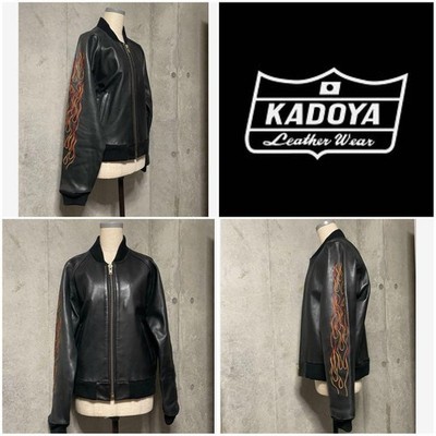 KADOYA Leather Rider Jacket M Black Cowhide Flame Embroidery