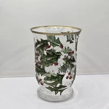 As Is VTG Christmas Celebrations Holly Hurricane Candleholder Crackle Glass 6"H