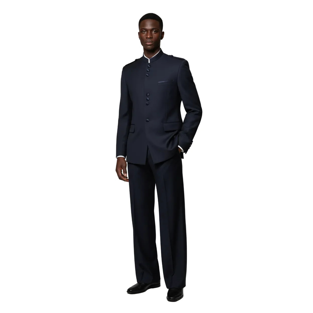 Mens APOLLO KING Banded Collarless suit Chinese Mandarin Wide leg AG92 navy blue 29690₽