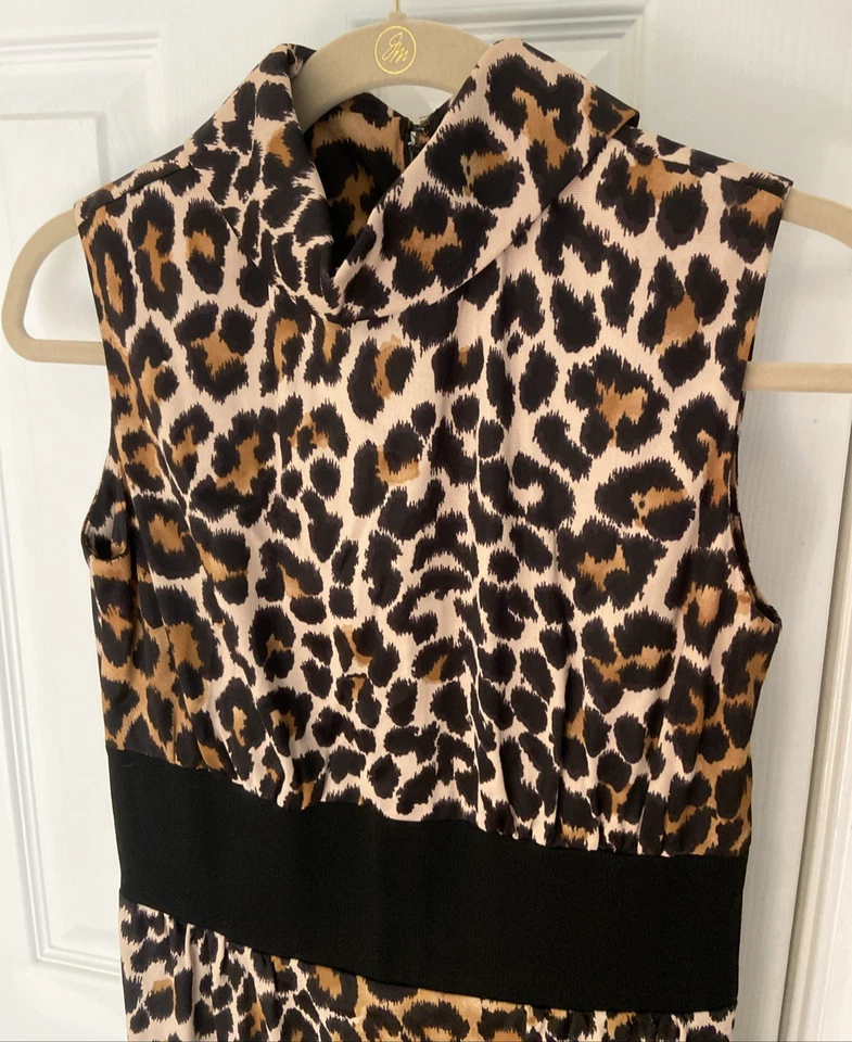 Maxi Vestido Vintage Años 60 Leopardo Cuello Simulado Columna Vestido Doble Aberturas XS Talla 11 Foto 3 de 4